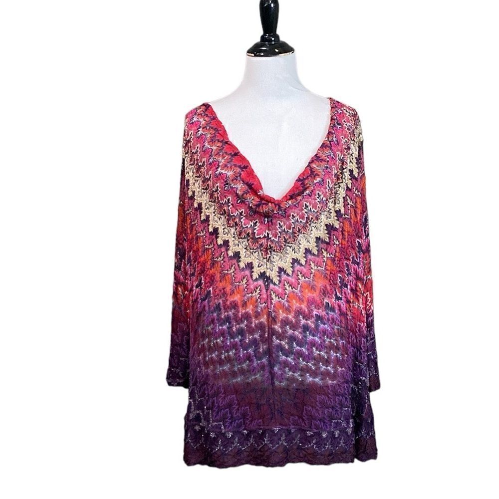 Nic & Zoe Zig Zag Chevron Crochet Knit Cowl Neck Blouse 3/4 Sleeves